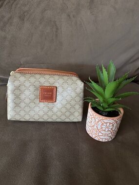 Celine Small Beige Leather Monogram Pouch with Tan Leather Trim